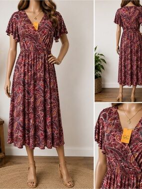NWT Grecerelle XL Paisley Midi Dress Women’s Faux Wrap Flutter Sleeve